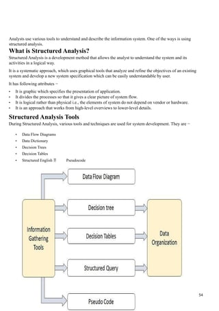 Analysts use various tools to understand and describe the information system. One of the ways is using
structured analysis.
What is Structured Analysis?
Structured Analysis is a development method that allows the analyst to understand the system and its
activities in a logical way.
It is a systematic approach, which uses graphical tools that analyze and refine the objectives of an existing
system and develop a new system specification which can be easily understandable by user.
It has following attributes −
• It is graphic which specifies the presentation of application.
• It divides the processes so that it gives a clear picture of system flow.
• It is logical rather than physical i.e., the elements of system do not depend on vendor or hardware.
• It is an approach that works from high-level overviews to lower-level details.
Structured Analysis Tools
During Structured Analysis, various tools and techniques are used for system development. They are −
• Data Flow Diagrams
• Data Dictionary
• Decision Trees
• Decision Tables
• Structured English  Pseudocode
54
 