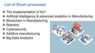 List of Smart processes
❖ The Implementation of IIoT
❖ Artificial Intelligence & advanced analytics in Manufacturing
❖ Blockchain in Manufacturing
❖ Robotics
❖ Cybersecurity
❖ Additive manufacturing
❖ Big Data Analytics
 