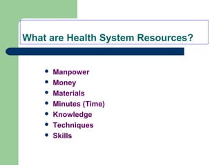 What are Health System Resources?
 Manpower
 Money
 Materials
 Minutes (Time)
 Knowledge
 Techniques
 Skills
 