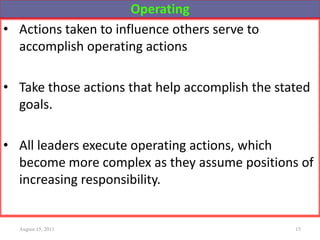 Operating
• Actions taken to influence others serve to
accomplish operating actions
• Take those actions that help accomplish the stated
goals.
• All leaders execute operating actions, which
become more complex as they assume positions of
increasing responsibility.
August 15, 2011 15
 