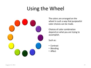Using the Wheel
The colors are arranged on the
wheel in such a way that purposeful
color choices can be made.
Choices of color combination
depend on what you are trying to
accomplish.
Such as:
• Contrast
• Blending
• Affect
August 15, 2011 31
 