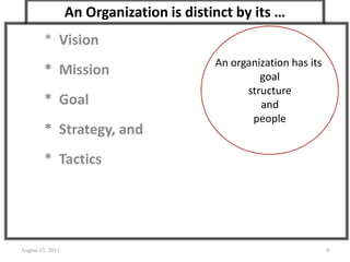 An Organization is distinct by its …
* Vision
* Mission
* Goal
* Strategy, and
* Tactics
August 15, 2011 4
An organization has its
goal
structure
and
people
 