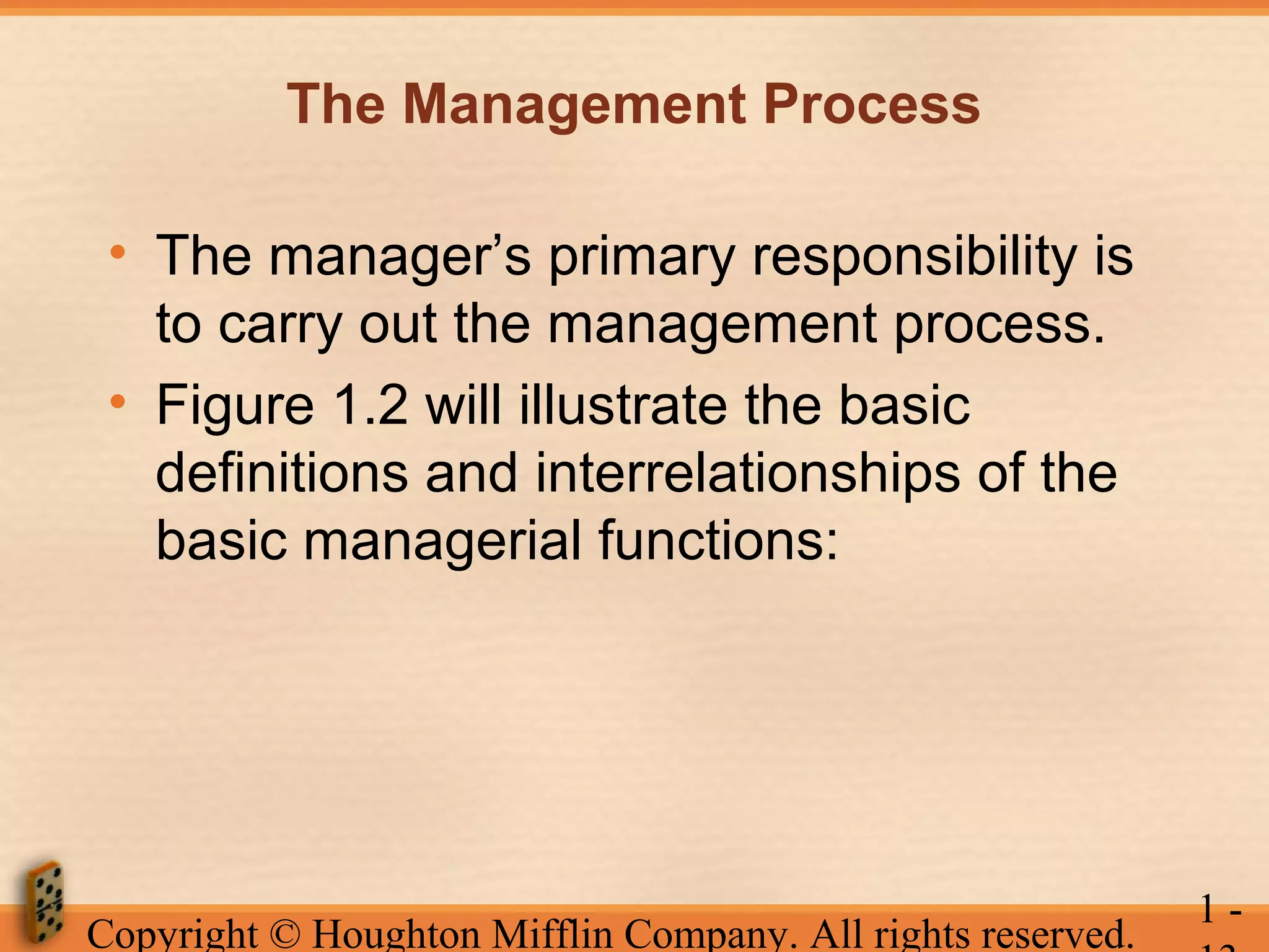 The Management Process
• The manager’s primary responsibility is
to carry out the management process.
• Figure 1.2 will illustrate the basic
definitions and interrelationships of the
basic managerial functions:

Copyright © Houghton Mifflin Company. All rights reserved.

1-

 