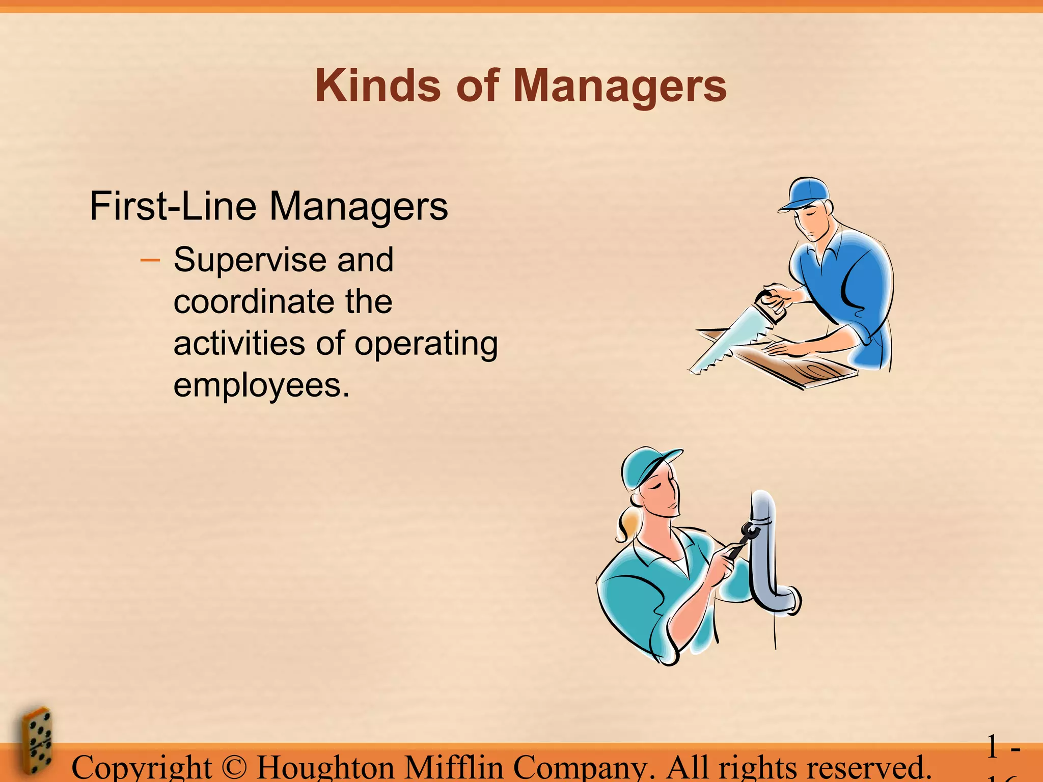 Kinds of Managers
First-Line Managers
– Supervise and
coordinate the
activities of operating
employees.

Copyright © Houghton Mifflin Company. All rights reserved.

1-

 