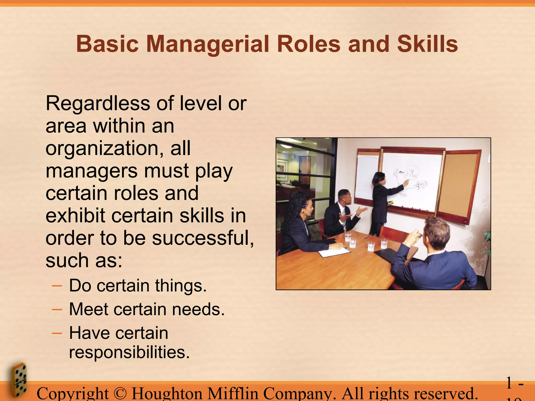 Basic Managerial Roles and Skills
Regardless of level or
area within an
organization, all
managers must play
certain roles and
exhibit certain skills in
order to be successful,
such as:
– Do certain things.
– Meet certain needs.
– Have certain
responsibilities.
Copyright © Houghton Mifflin Company. All rights reserved.

1-

 