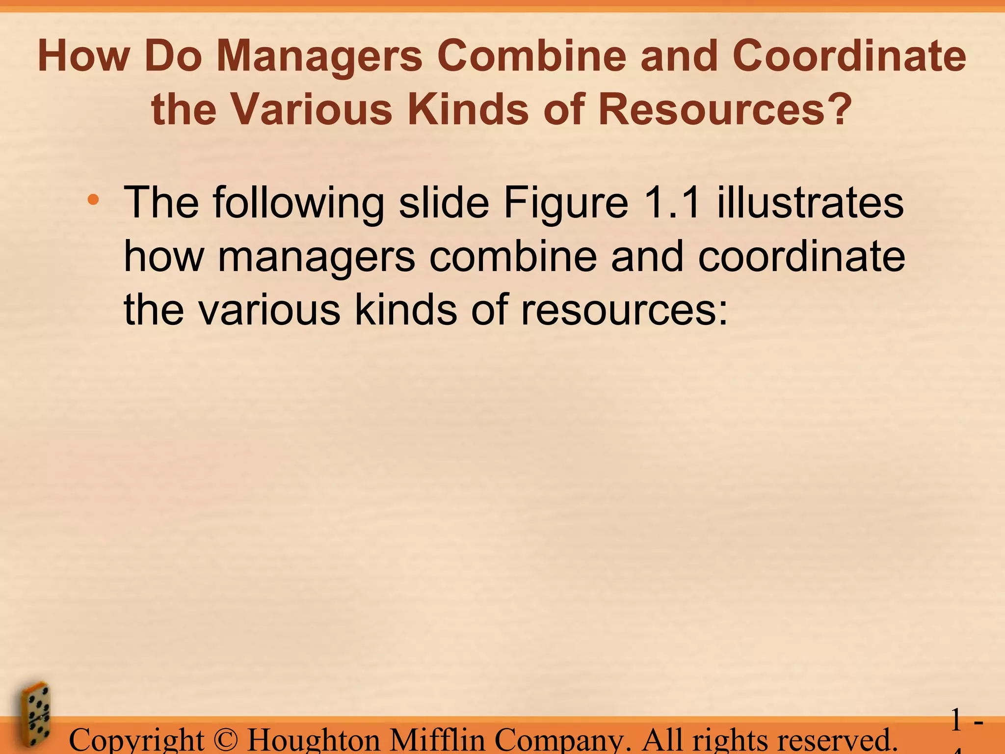 How Do Managers Combine and Coordinate
the Various Kinds of Resources?
• The following slide Figure 1.1 illustrates
how managers combine and coordinate
the various kinds of resources:

Copyright © Houghton Mifflin Company. All rights reserved.

1-

 