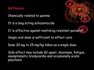 Mefloquine

Chemically related to quinine

It is a long acting schizontocide

It is effective against multidrug resistant parasite

Single oral dose is sufficient to effect cure

Dose 20 mg to 25 mg/kg taken as a single dose

Side effect may include GI upset, dizziness, fatigue,
asymptomatic bradycardia and occasionally acute
psychosis
 