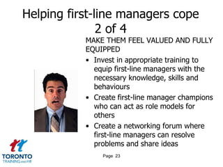 Helping first-line managers cope
               2 of 4
           MAKE THEM FEEL VALUED AND FULLY
           EQUIPPED
           • Invest in appropriate training to
             equip first-line managers with the
             necessary knowledge, skills and
             behaviours
           • Create first-line manager champions
             who can act as role models for
             others
           • Create a networking forum where
             first-line managers can resolve
             problems and share ideas
               Page 23
 