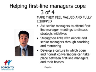 Helping first-line managers cope
               3 of 4
           MAKE THEM FEEL VALUED AND FULLY
           EQUIPPED
           • Ask senior managers to attend first-
             line manager meetings to discuss
             strategic initiatives
           • Strengthen links with middle and
             senior managers through coaching
             and mentoring
           • Develop a culture in which open
             and honest conversations can take
             place between first-line managers
             and their bosses
                Page 24
 