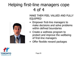 Helping first-line managers cope
               4 of 4
           MAKE THEM FEEL VALUED AND FULLY
           EQUIPPED
           • Empower first-line managers to
             make decisions and solve problems
             within defined boundaries
           • Create a wellness program to
             protect and improve the wellbeing
             of first-line managers
           • Offer flexible reward packages



               Page 25
 