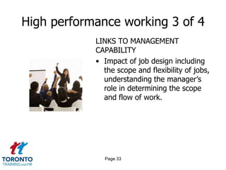 High performance working 3 of 4
            LINKS TO MANAGEMENT
            CAPABILITY
            • Impact of job design including
              the scope and flexibility of jobs,
              understanding the manager’s
              role in determining the scope
              and flow of work.




              Page 33
 