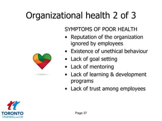 Organizational health 2 of 3
         SYMPTOMS OF POOR HEALTH
         • Reputation of the organization
           ignored by employees
         • Existence of unethical behaviour
         • Lack of goal setting
         • Lack of mentoring
         • Lack of learning & development
           programs
         • Lack of trust among employees



             Page 37
 