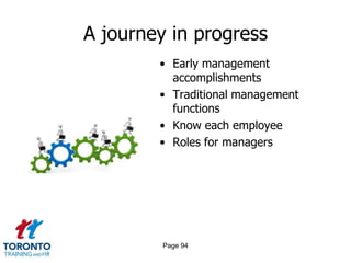 A journey in progress
        • Early management
          accomplishments
        • Traditional management
          functions
        • Know each employee
        • Roles for managers




         Page 94
 