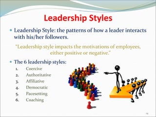 Democratic Style
 Why:
 Building group consensus & commitment through group-
management in making decisions.
 How:
 Gi...