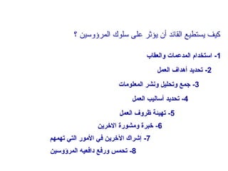 ‫كيف يستطيع القائد أن يؤثر على سلوك المرؤوسين ؟‬

                                   ‫1- استخدام المدعمات والعقاب‬
                                        ‫2- صتحديد أدهداف العمل‬
                         ‫3- جمع وصتحليل ونشر المعلومات‬
                              ‫4- صتحديد أساليب العمل‬
                         ‫5- صتهيئة ظروف العمل‬
                 ‫6- خبرة ومشوشرة الخرين‬
‫7- إشراك الخرين في الموشر التي صتهمهم‬
‫8- صتحمس وشرفع دافعيه المرؤوسين‬
 