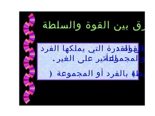 ‫لفرق بين القوة والسلطة‬

‫هي القدرة التي يملكها الفرد‬
                      ‫القوة :‬
   ‫للتأثير على الغير .‬
                 ‫أوالمجموعة‬
  ‫مرتبطة بالفرد أو المجموعة )‬
                       ‫(‬
 