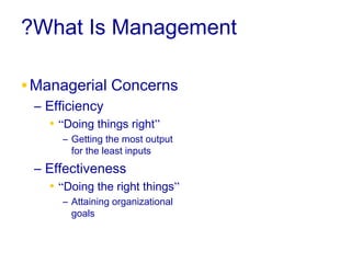 ?What Is Management

• Managerial Concerns
      – Efficiency
        • “Doing things right”
                   – Getting the most output
                     for the least inputs
      – Effectiveness
        • “Doing the right things”
                   – Attaining organizational
                     goals


© 2007 Prentice Hall, Inc. All rights reserved.   1–45
 