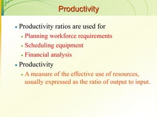 2-1
Productivity
 Productivity ratios are used for
 Planning workforce requirements
 Scheduling equipment
 Financial a...