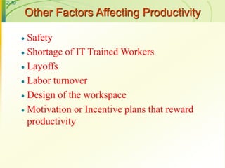 2-10
 Safety
 Shortage of IT Trained Workers
 Layoffs
 Labor turnover
 Design of the workspace
 Motivation or Incent...