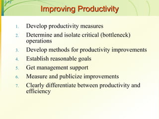 2-12
Improving Productivity
1. Develop productivity measures
2. Determine and isolate critical (bottleneck)
operations
3. ...