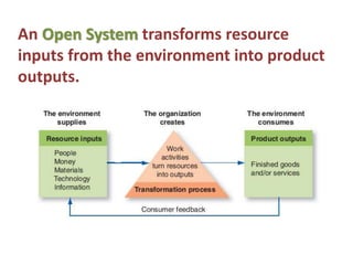 An Open System transforms resource
inputs from the environment into product
outputs.
 