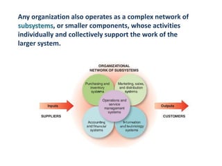 Any organization also operates as a complex network of
subsystems, or smaller components, whose activities
individually and collectively support the work of the
larger system.
 