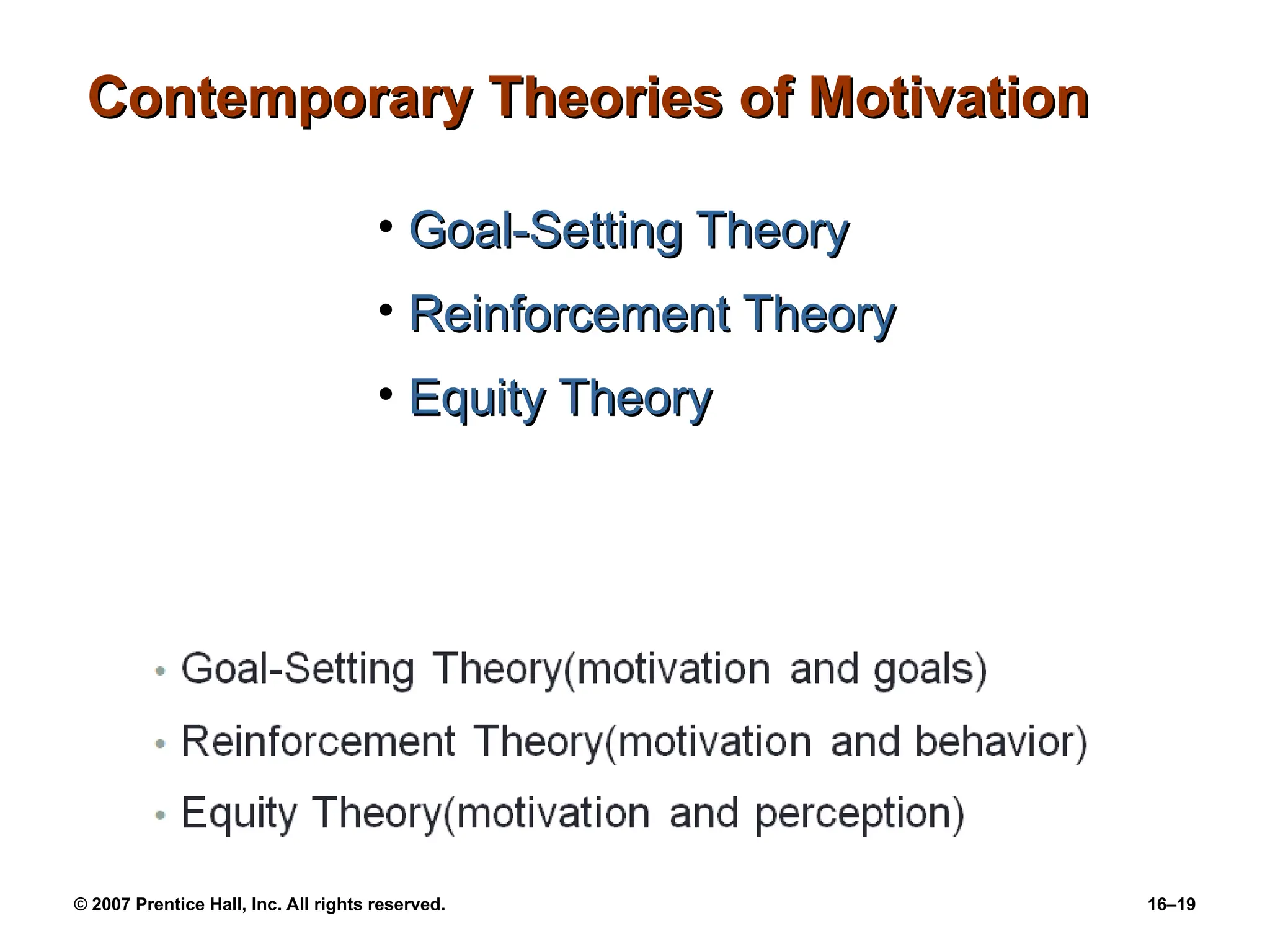 © 2007 Prentice Hall, Inc. All rights reserved. 16–19
Contemporary Theories of Motivation
Contemporary Theories of Motivation
• Goal-Setting Theory
Goal-Setting Theory
• Reinforcement Theory
Reinforcement Theory
• Equity Theory
Equity Theory
 