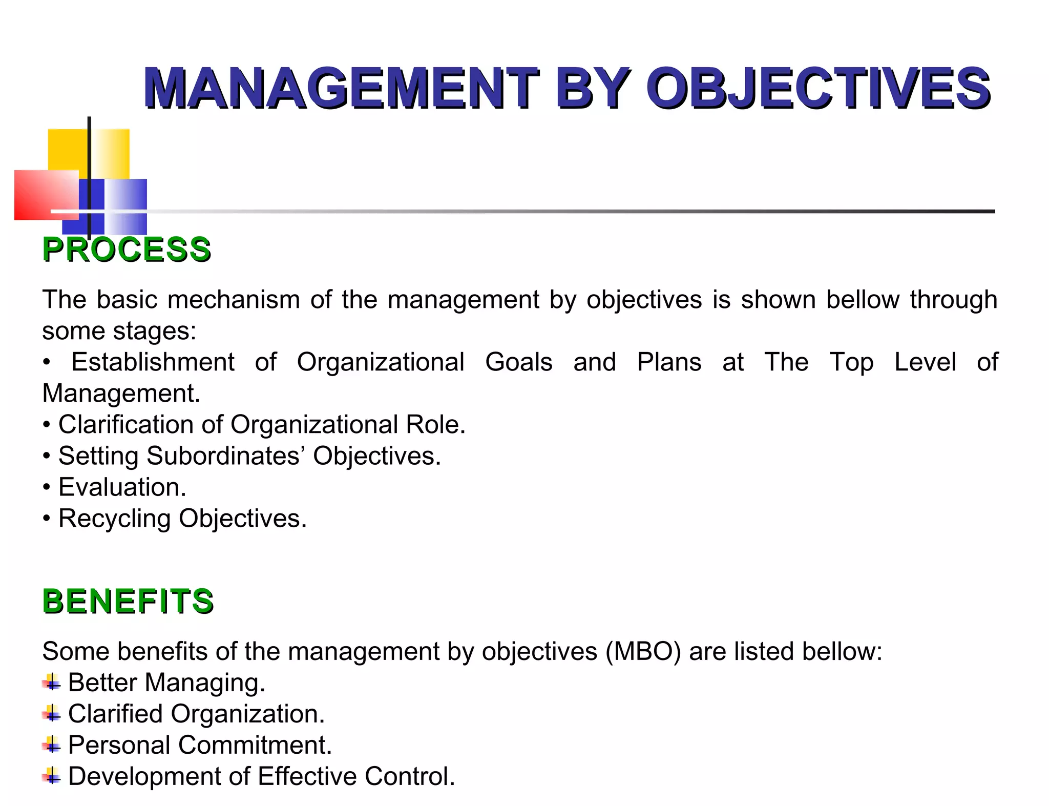 MANAGEMENT BY OBJECTIVESMANAGEMENT BY OBJECTIVES
PROCESSPROCESS
The basic mechanism of the management by objectives is shown bellow through
some stages:
• Establishment of Organizational Goals and Plans at The Top Level of
Management.
• Clarification of Organizational Role.
• Setting Subordinates’ Objectives.
• Evaluation.
• Recycling Objectives.
BENEFITSBENEFITS
Some benefits of the management by objectives (MBO) are listed bellow: 
Better Managing.
Clarified Organization.         
Personal Commitment.
Development of Effective Control.
 