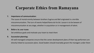 Corporate Ethics from Ramayana
7. Importance of communication:
The cause of mortal enmity between brothers Sugriva and Bali originated in a terrible
miscommunication. The turn of events helped Rama do his bit. Lesson is to be beware of
miscommunication at any stage, whether in acquisition or in management of talent.
8. Believe in your team:
Set ambitious goals and motivate your team to meet them
9. Succession planning:
All well-managed companies ensure that the career development plans of their top performers are
directly linked to succession plans. Good leaders should invariably groom the managers under them
 