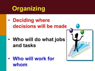 10
Organizing
• Deciding where
decisions will be made
• Who will do what jobs
and tasks
• Who will work for
whom
 