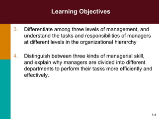 1-4
Learning Objectives
3. Differentiate among three levels of management, and
understand the tasks and responsibilities of managers
at different levels in the organizational hierarchy
4. Distinguish between three kinds of managerial skill,
and explain why managers are divided into different
departments to perform their tasks more efficiently and
effectively.
 