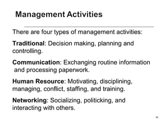 30
There are four types of management activities:
Traditional: Decision making, planning and
controlling.
Communication: Exchanging routine information
and processing paperwork.
Human Resource: Motivating, disciplining,
managing, conflict, staffing, and training.
Networking: Socializing, politicking, and
interacting with others.
 