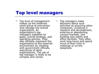 Top level managers
 Top level of management
makes up the relatively
small group of executives
who manage the overall
organization. An
organization’s top
managers establish its
goals, overall strategy, and
operating policies. They
also officially represent the
organization to the external
environment by meeting
with government officials,
executives of other
organizations. The job of
top manager is likely to be
complex and varied.
 Top managers make
decisions about such
activities as acquiring other
companies, investing in
research and development,
entering or abandoning
various markets, and
building new plants and
office facilities. They often
work long hours and spend
much of their time in
meetings or on the
telephone.
 