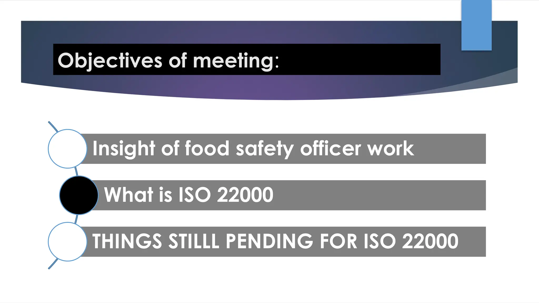 Objectives of meeting:
Insight of food safety officer work
What is ISO 22000
THINGS STILLL PENDING FOR ISO 22000