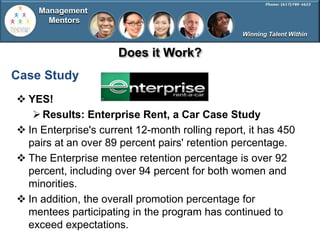 Management
      Mentors
                                                 Winning Talent Within


                      Does it Work?
Case Study
 YES!
    Results: Enterprise Rent, a Car Case Study
 In Enterprise's current 12-month rolling report, it has 450
  pairs at an over 89 percent pairs' retention percentage.
 The Enterprise mentee retention percentage is over 92
  percent, including over 94 percent for both women and
  minorities.
 In addition, the overall promotion percentage for
  mentees participating in the program has continued to
  exceed expectations.
 