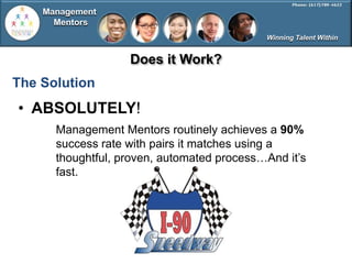 Management
      Mentors
                                            Winning Talent Within


                   Does it Work?
The Solution
• ABSOLUTELY!
      Management Mentors routinely achieves a 90%
      success rate with pairs it matches using a
      thoughtful, proven, automated process…And it’s
      fast.
 