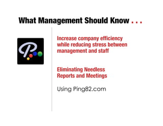 What Management Should Know . . .

          Increase company efﬁciency
          while reducing stress between
          management and staff


          Eliminating Needless
          Reports and Meetings

          Using Ping82.com
 