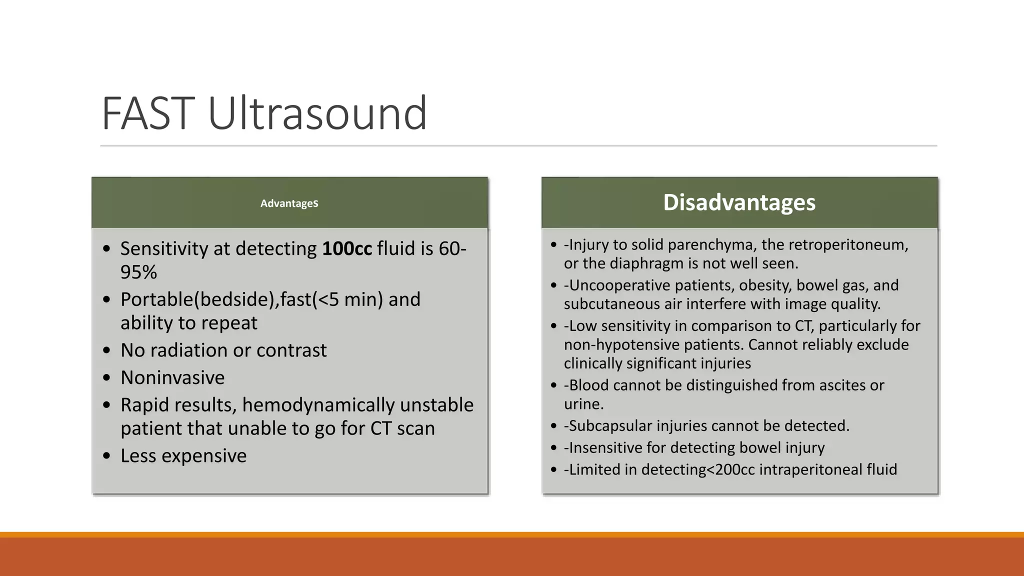 FAST Ultrasound
Advantages
• Sensitivity at detecting 100cc fluid is 60-
95%
• Portable(bedside),fast(<5 min) and
ability to repeat
• No radiation or contrast
• Noninvasive
• Rapid results, hemodynamically unstable
patient that unable to go for CT scan
• Less expensive
Disadvantages
• -Injury to solid parenchyma, the retroperitoneum,
or the diaphragm is not well seen.
• -Uncooperative patients, obesity, bowel gas, and
subcutaneous air interfere with image quality.
• -Low sensitivity in comparison to CT, particularly for
non-hypotensive patients. Cannot reliably exclude
clinically significant injuries
• -Blood cannot be distinguished from ascites or
urine.
• -Subcapsular injuries cannot be detected.
• -Insensitive for detecting bowel injury
• -Limited in detecting<200cc intraperitoneal fluid
 