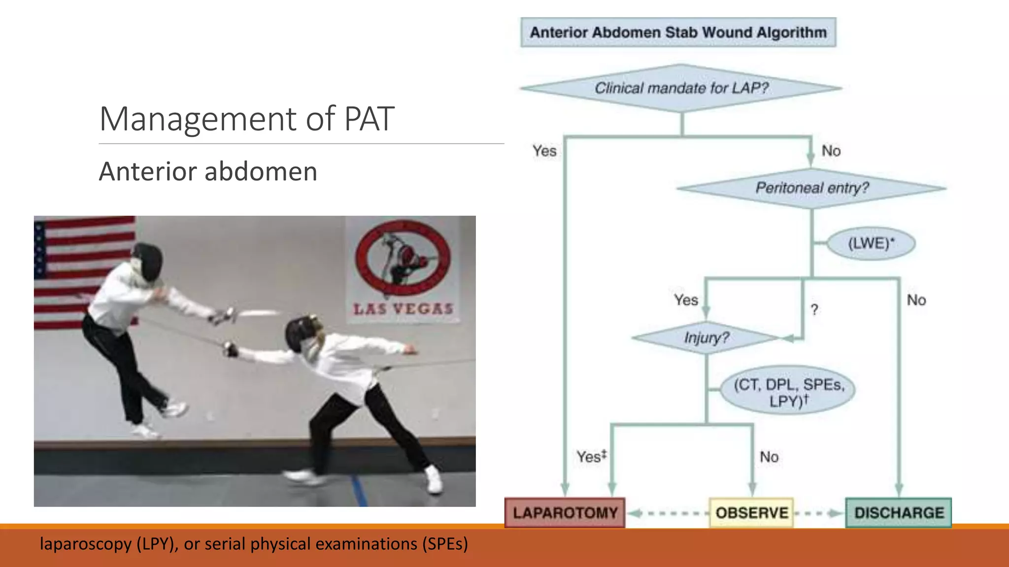 Management of PAT
Anterior abdomen
laparoscopy (LPY), or serial physical examinations (SPEs)
 