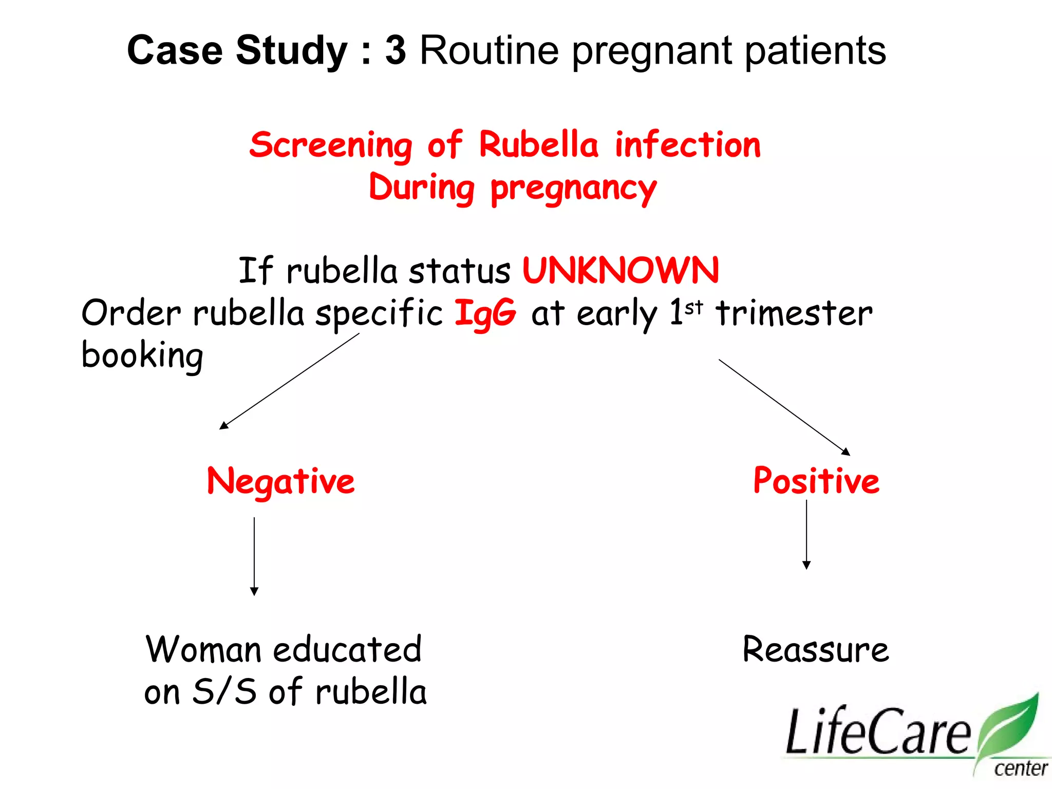 Case Study : 3 Routine pregnant patients
Screening of Rubella infection
During pregnancy
If rubella status UNKNOWN
Order rubella specific IgG at early 1st
trimester
booking
Negative Positive
Woman educated Reassure
on S/S of rubella
 