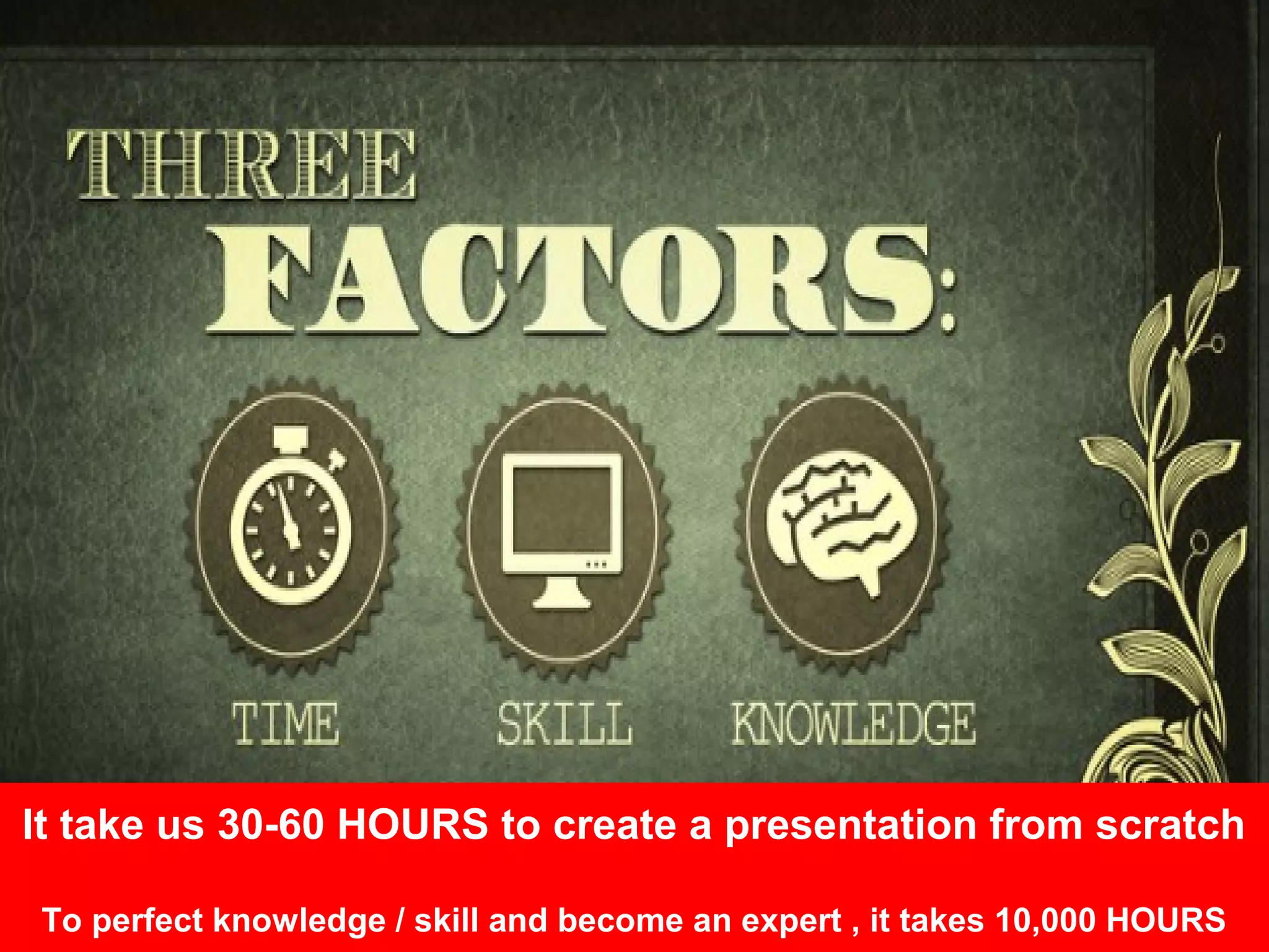 It take us 30-60 HOURS to create a presentation from scratch
To perfect knowledge / skill and become an expert , it takes 10,000 HOURS
 