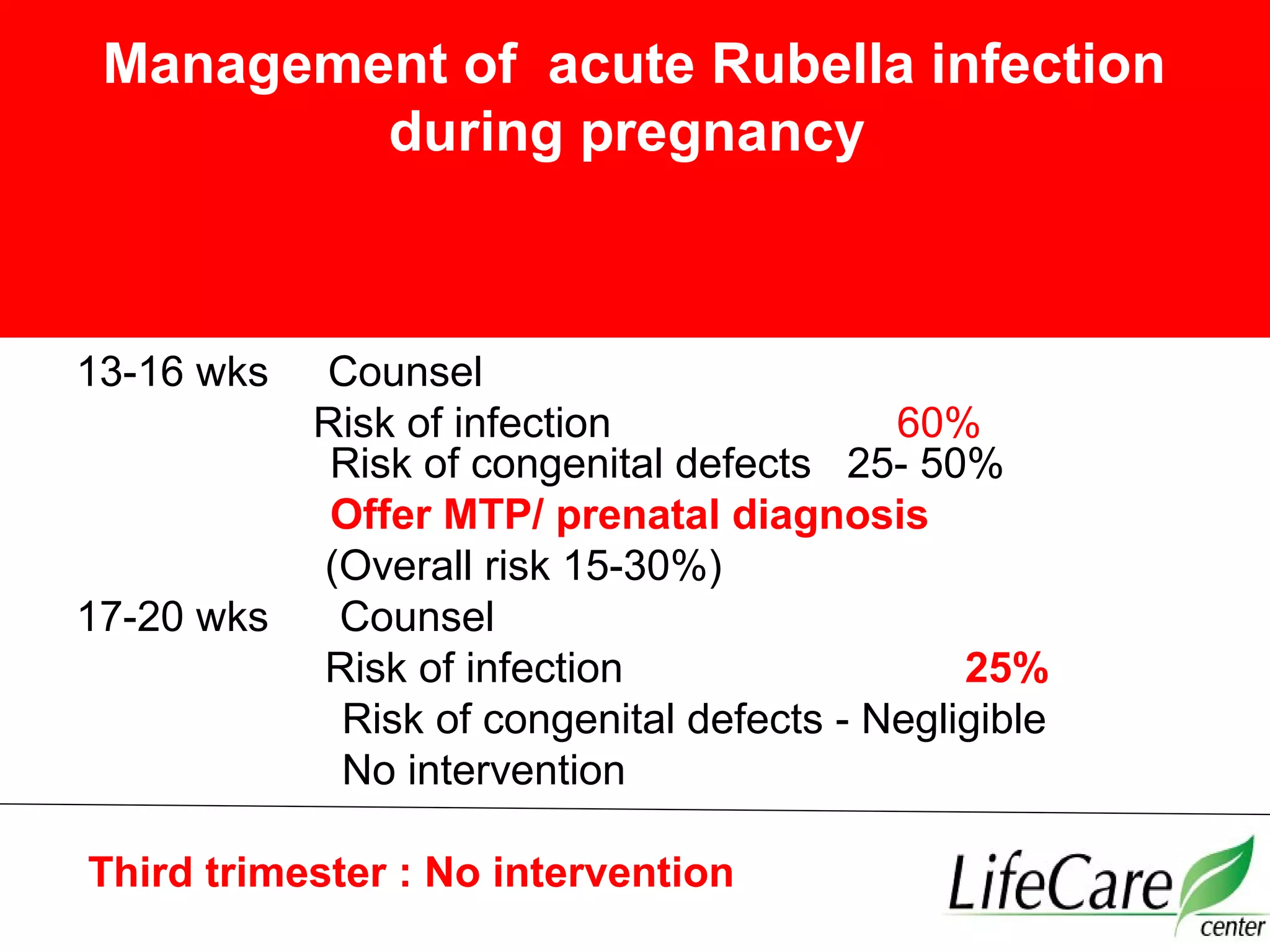 Management of acute Rubella infection
during pregnancy
Second trimester :
13-16 wks Counsel
Risk of infection 60%
Risk of congenital defects 25- 50%
Offer MTP/ prenatal diagnosis
(Overall risk 15-30%)
17-20 wks Counsel
Risk of infection 25%
Risk of congenital defects - Negligible
No intervention
Third trimester : No intervention
 