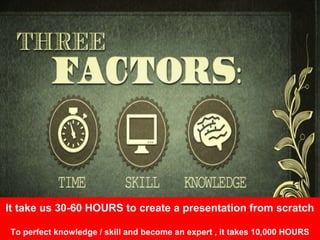 It take us 30-60 HOURS to create a presentation from scratch
To perfect knowledge / skill and become an expert , it takes ...