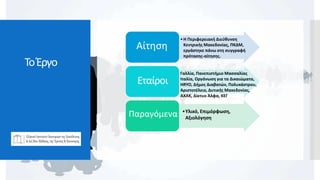 ΤοΈργο
•Η Περιφερειακή Διεύθυνση
Κεντρικής Μακεδονίας, ΠΚΔΜ,
εργάστηκε πάνω στη συγγραφή
πρότασης-αίτησης.
Αίτηση
Γαλλία, Πανεπιστήμιο Μασσαλίας
Ιταλία, Οργάνωση για τα Δικαιώματα,
HRYO, Δήμος Διαβατών, Πολυκάστρου,
Αριστοτέλειο, Δυτικής Μακεδονίας,
ΑΧΑΚ, Δίκτυο Άλφα, ΚΕΓ
Εταίροι
•Υλικό, Επιμόρφωση,
Αξιολόγηση
Παραγόμενα
 