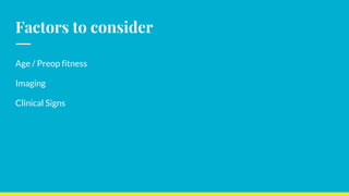 Factors to consider
Age / Preop fitness
Imaging
Clinical Signs
 