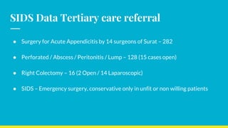 SIDS Data Tertiary care referral
● Surgery for Acute Appendicitis by 14 surgeons of Surat – 282
● Perforated / Abscess / Peritonitis / Lump – 128 (15 cases open)
● Right Colectomy – 16 (2 Open / 14 Laparoscopic)
● SIDS – Emergency surgery, conservative only in unfit or non willing patients
 