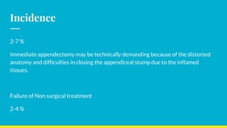 Incidence
2-7 %
Immediate appendectomy may be technically demanding because of the distorted
anatomy and difficulties in closing the appendiceal stump due to the inflamed
tissues.
Failure of Non surgical treatment
2-4 %
 