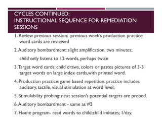 CYCLES CONTINUED:
INSTRUCTIONAL SEQUENCE FOR REMEDIATION
SESSIONS
1. Review previous session: previous week’s production practice
word cards are reviewed
2.Auditory bombardment: slight amplification, two minutes;
child only listens to 12 words, perhaps twice
3.Target word cards: child draws, colors or pastes pictures of 3-5
target words on large index cards,with printed word.
4. Production practice: game based repetition; practice includes
auditory, tactile, visual stimulation at word level;
5. Stimulability probing: next session’s potential targets are probed.
6.Auditory bombardment - same as #2
7. Home program- read words to child;child imitates; 1/day.
 