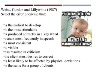 Weiss, Gordon and Lillywhite (1987)
Select the error phoneme that:
•is the earliest to develop
•is the most stimulable
•is produced correctly in a key word
•occurs most frequently in speech
•is most consistent
•is visible
•has resulted in criticism
•the client most desires to correct
•is least likely to be affected by physical deviations
•is the same for a group of clients
 