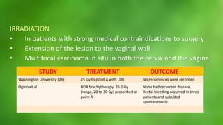 IRRADIATION 
• In patients with strong medical contraindications to surgery 
• Extension of the lesion to the vaginal wall 
• Multifocal carcinoma in situ in both the cervix and the vagina 
STUDY TREATMENT OUTCOME 
Washington University (26) 45 Gy to point A with LDR No recurrences were recorded 
Ogino et al HDR brachytherapy 26.1 Gy 
(range, 20 to 30 Gy) prescribed at 
point A 
None had recurrent disease. 
Rectal bleeding occurred in three 
patients and subsided 
spontaneously. 
 